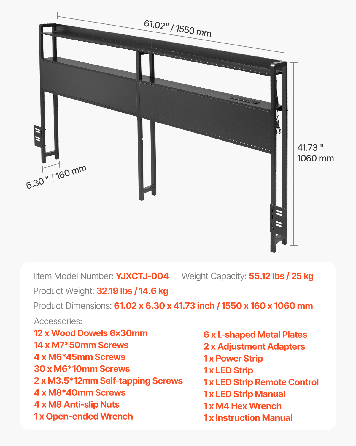 Uimoso Headboard Bed Head Board with 2 Shelves & LED Light - Picture 21 of 50