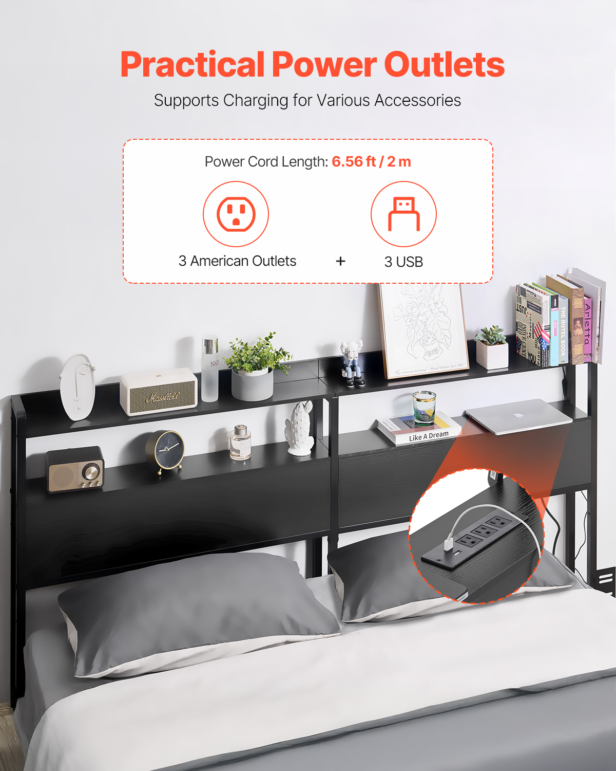 Uimoso Headboard Bed Head Board with 2 Shelves & LED Light - Picture 28 of 50