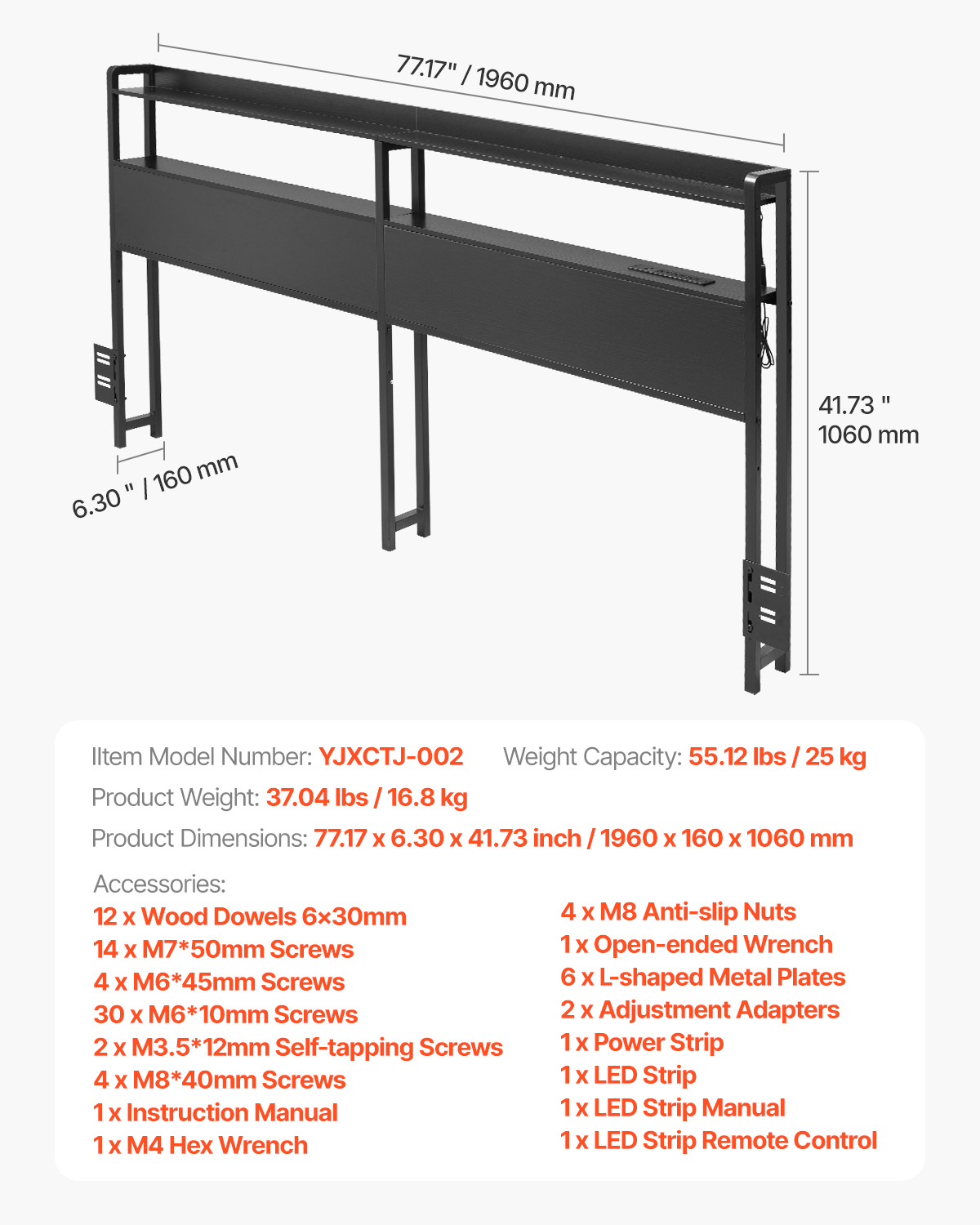 Uimoso Headboard Bed Head Board with 2 Shelves & LED Light - Picture 33 of 50