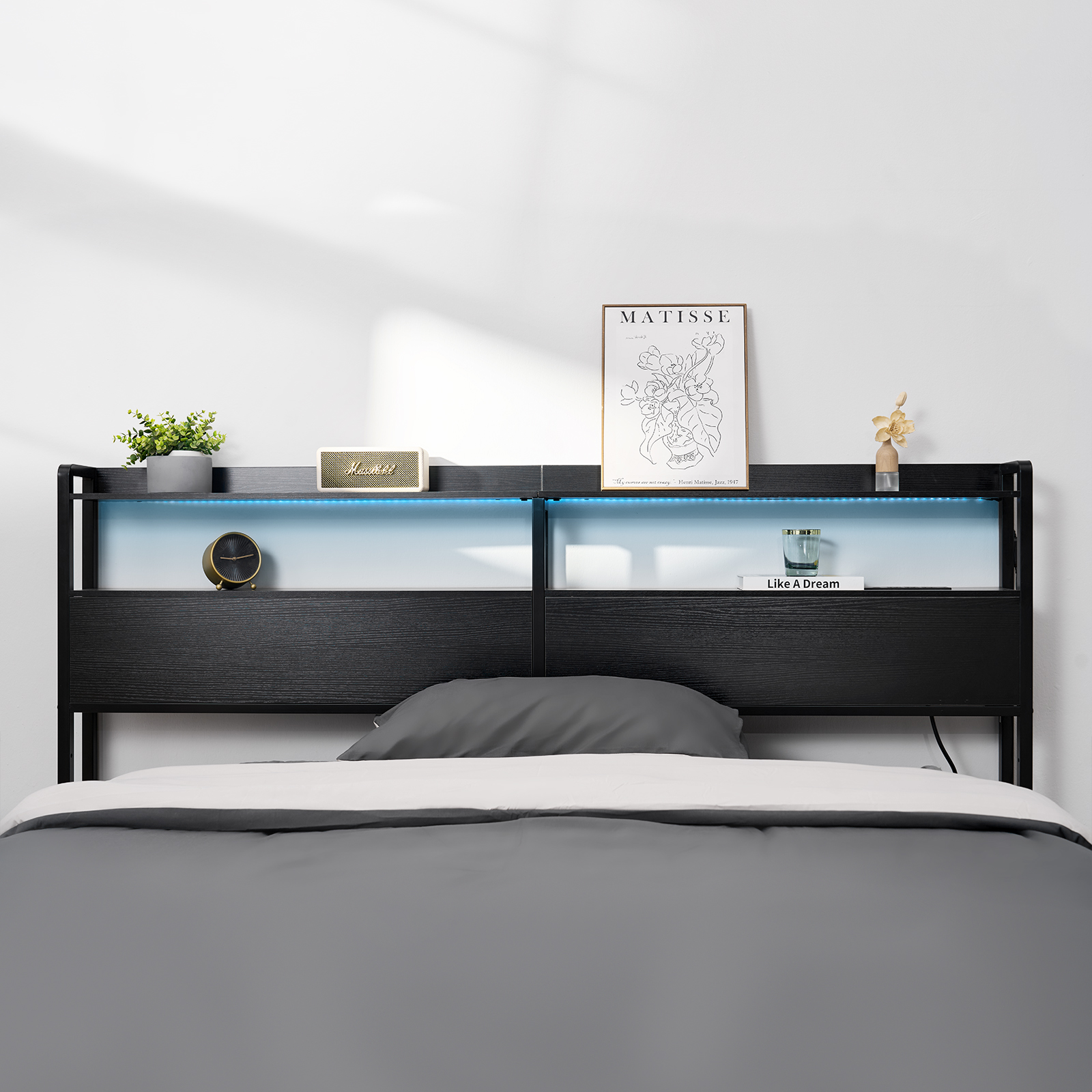 Uimoso Headboard Bed Head Board with 2 Shelves & LED Light - Picture 34 of 50