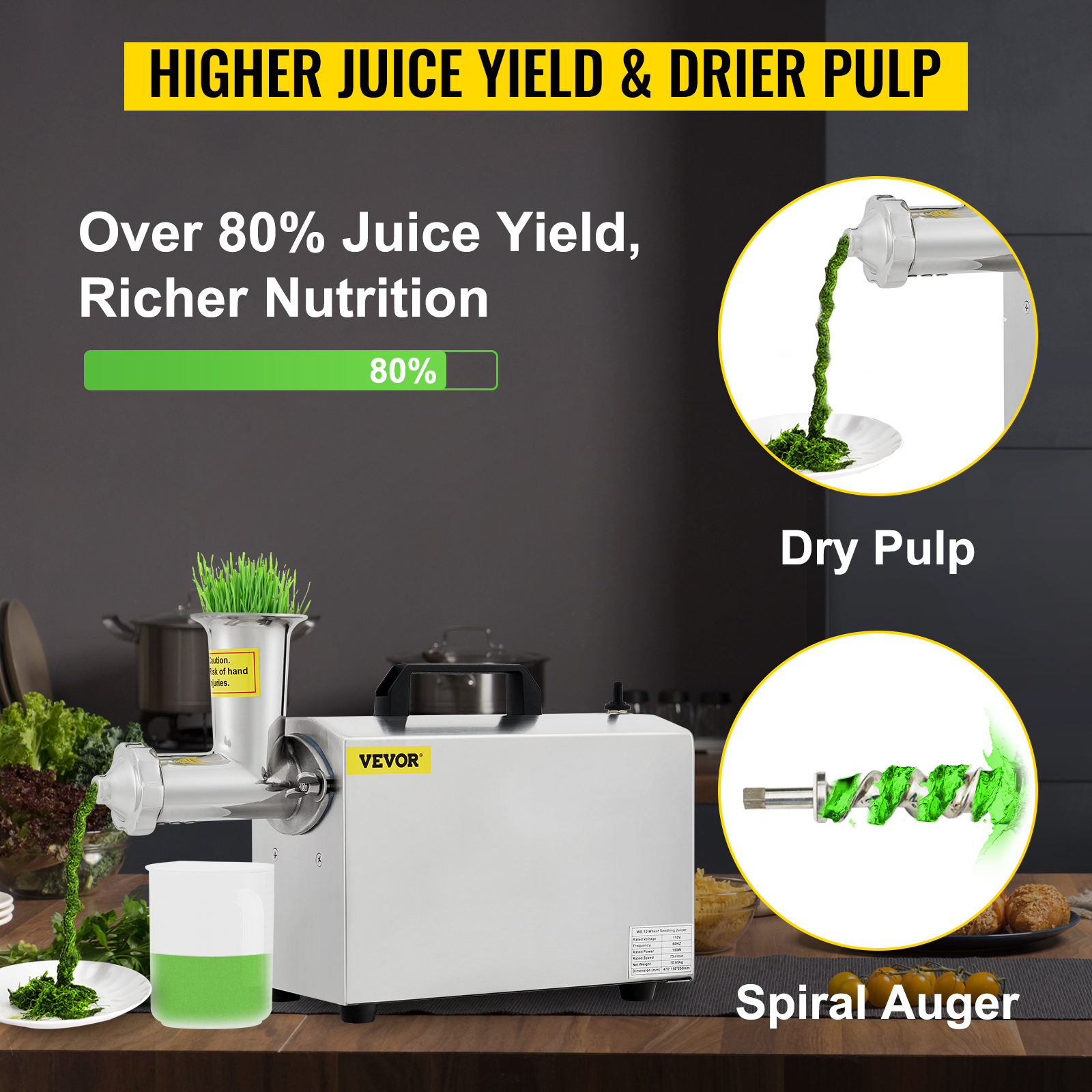 VEVOR Commercial Wheatgrass Juicing Machine, 80% Juice Yield, Slow