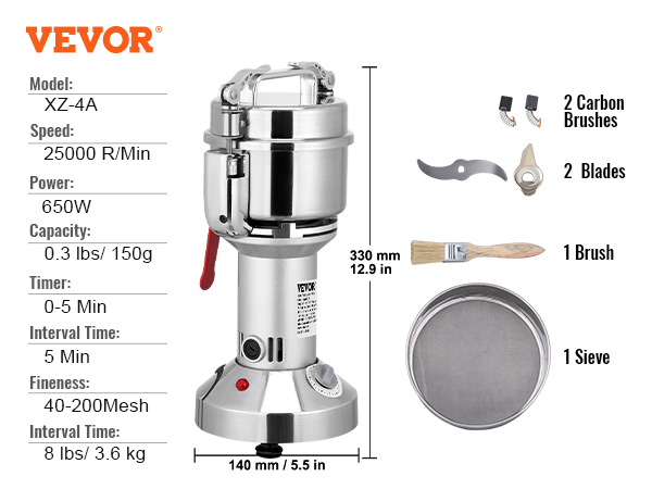 VEVOR 150g Electric Grain Mill Grinder High Speed 1050W Commercial Spice Grinders Stainless Steel Pulverizer Powder Machine for Dry Herbs Grains