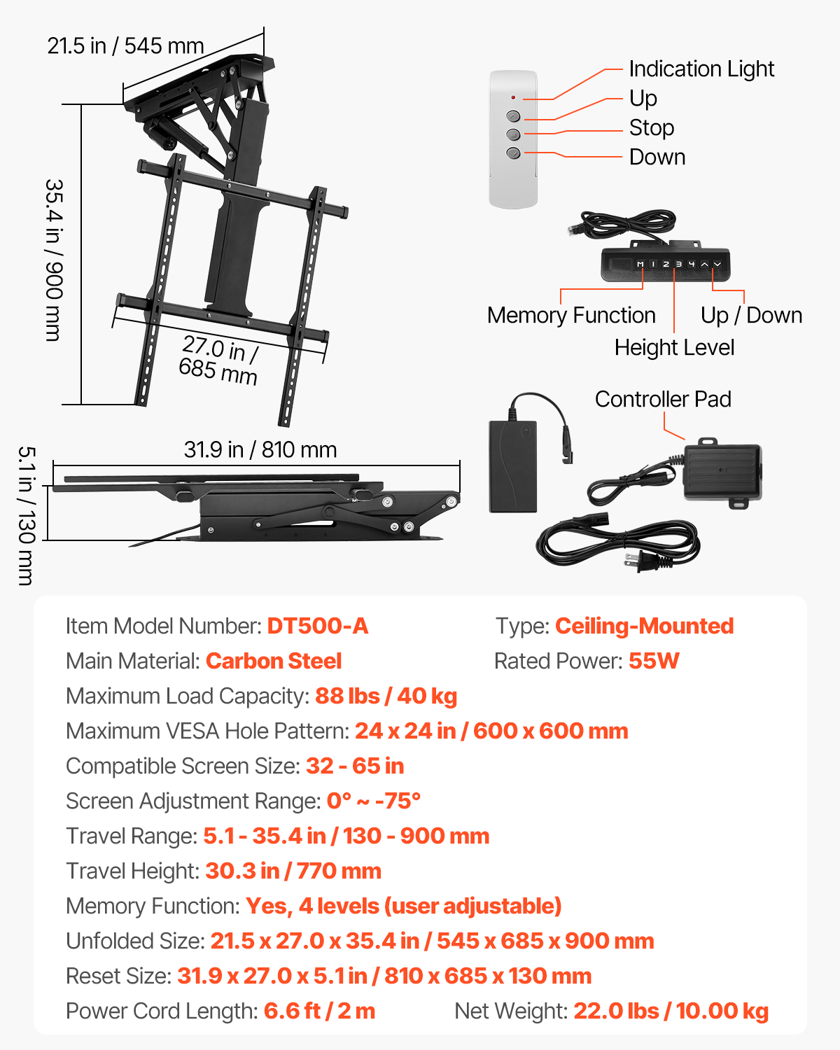 Motorized Ceiling/Wall Mount/Lift TV Mount for 32-55/65/70in Screen Adjustable - Picture 29 of 81