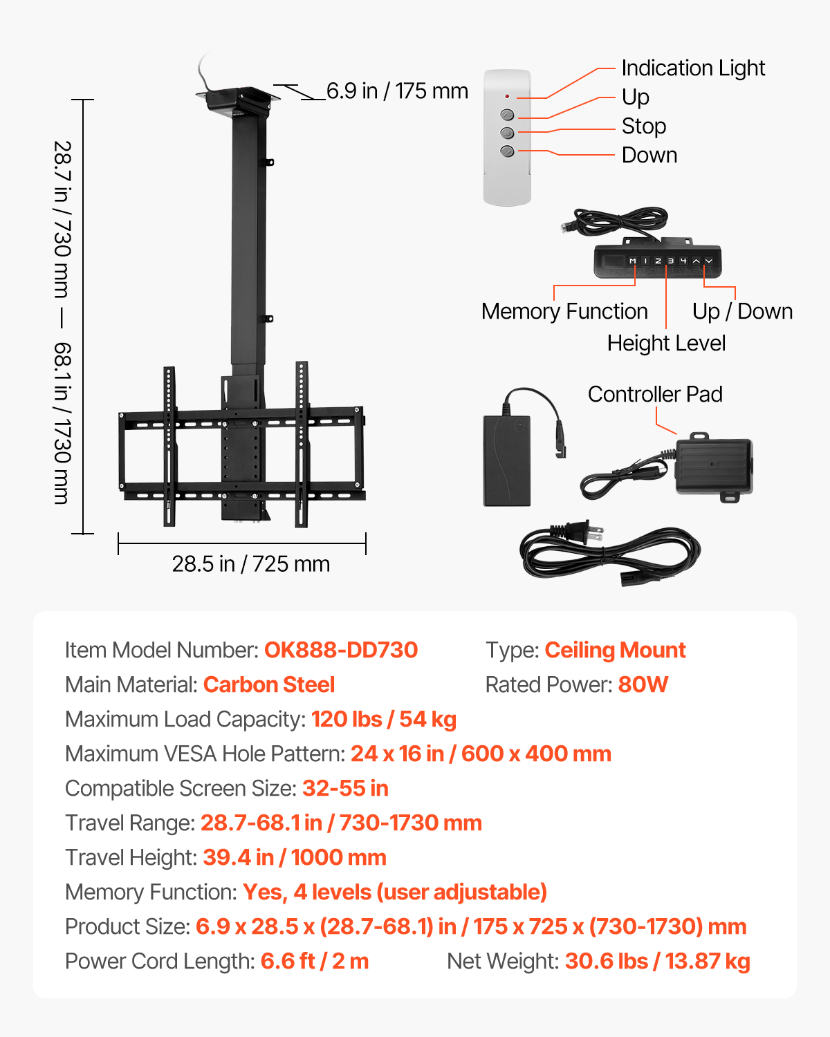 Motorized Ceiling/Wall Mount/Lift TV Mount for 32-55/65/70in Screen Adjustable - Picture 64 of 81
