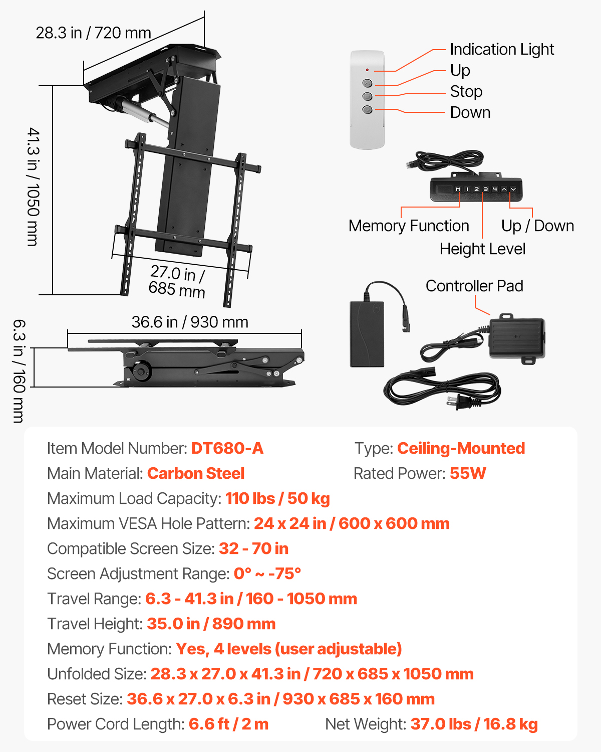 Motorized Ceiling/Wall Mount/Lift TV Mount for 32-55/65/70in Screen Adjustable - Picture 41 of 81