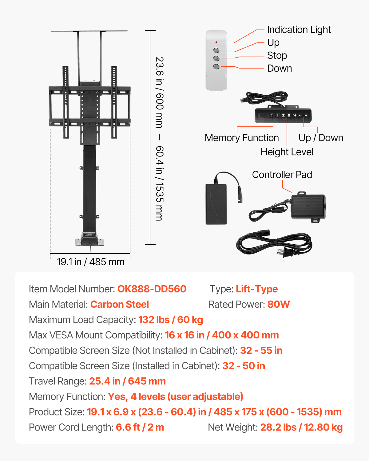 Motorized Ceiling/Wall Mount/Lift TV Mount for 32-55/65/70in Screen Adjustable - Picture 53 of 81