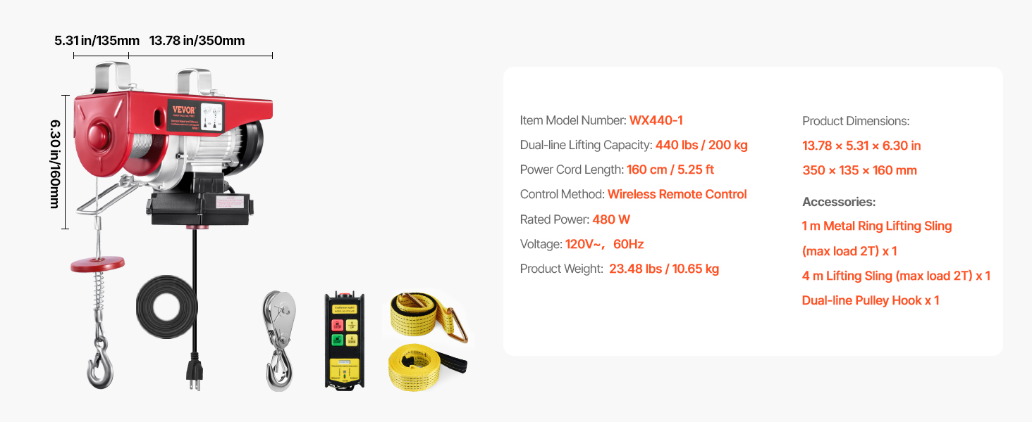 VEVOR Electric Hoist 440lbs Capacity – 480W 110V Crane Winch With Wired Remote