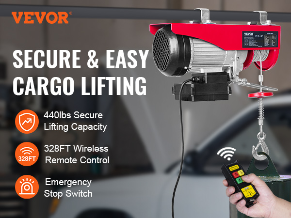 VEVOR Electric Hoist, 440lbs Lifting Capacity, 480W 110V Electric Steel  Wire Winch with Wireless Remote Control, 40ft Single Cable Lifting Height &  Pure Copper Motor, for Garage Warehouse Factory