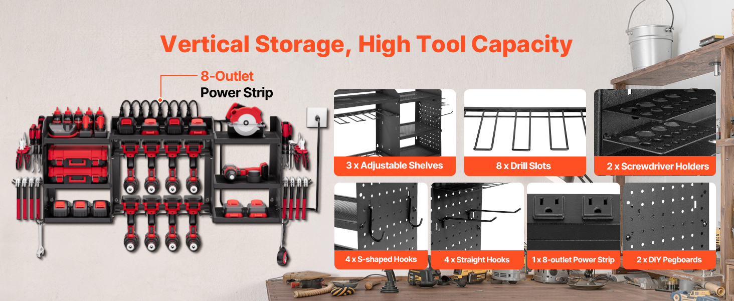 tool rack with drill holders and hooks