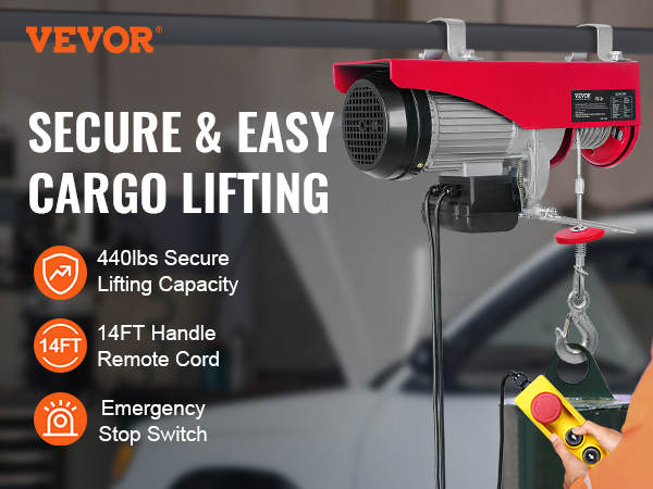 VEVOR Electric Hoist, 440 lbs Lifting Capacity, 480W 110V Electric Steel Wire  Winch with 14ft Wired Remote Control, 40ft Single Cable Lifting Height   Pure Copper Motor, for Garage Warehouse Factory