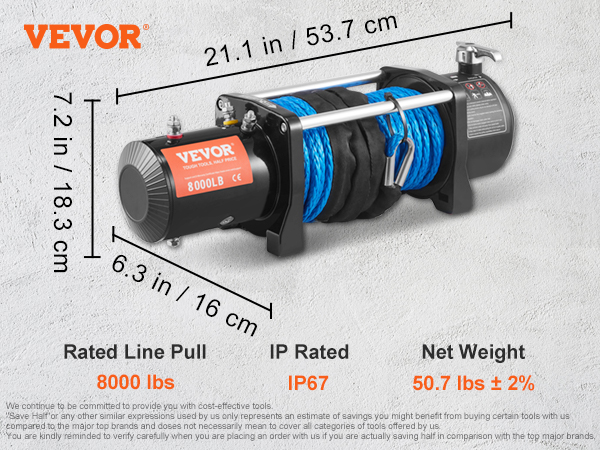 VEVOR Treuil électrique, 12 V 8000 lb Capacité de charge en nylon Treuil,  Treuil IP67 7/