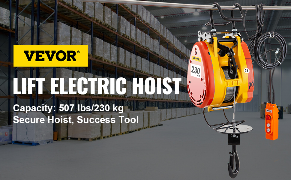 Palan Électrique 800/1000 Kg - 220V - Moteur Cuivre 1600W - Vitesse 10 M/min - Hauteur Levage 10 M - Interrupteur D'Arrêt D'Urgence - IP40