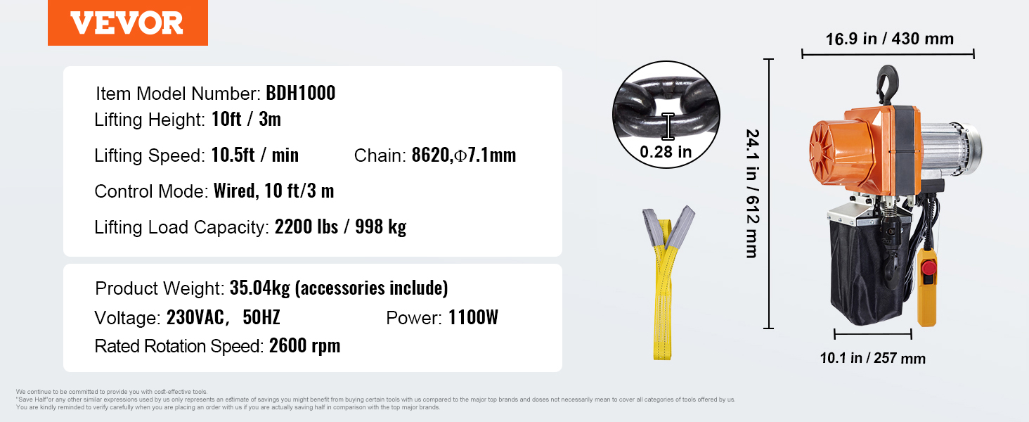 Electric chain hoist,2200 lbs,10 ft