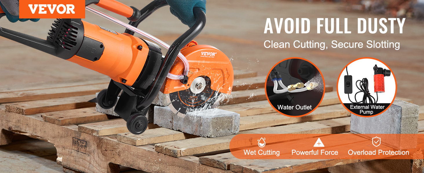 VEVOR electric concrete saw cutting concrete blocks on a pallet, featuring wet cutting and overload protection.