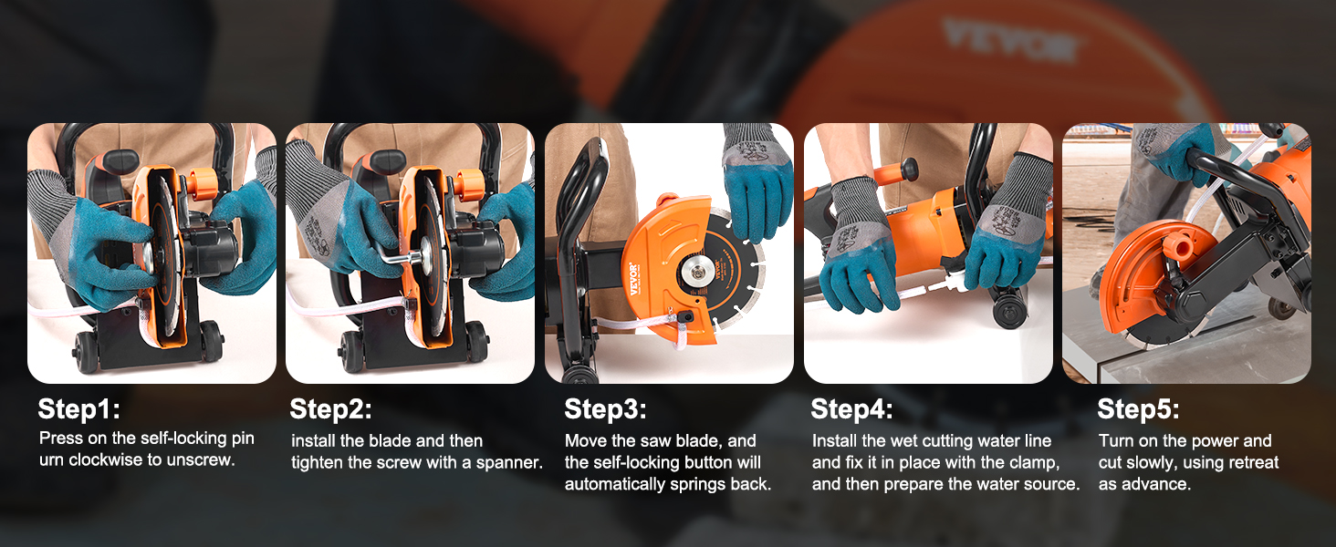 VEVOR electric concrete saw usage steps shown: assembling, adjusting, and operating the saw.