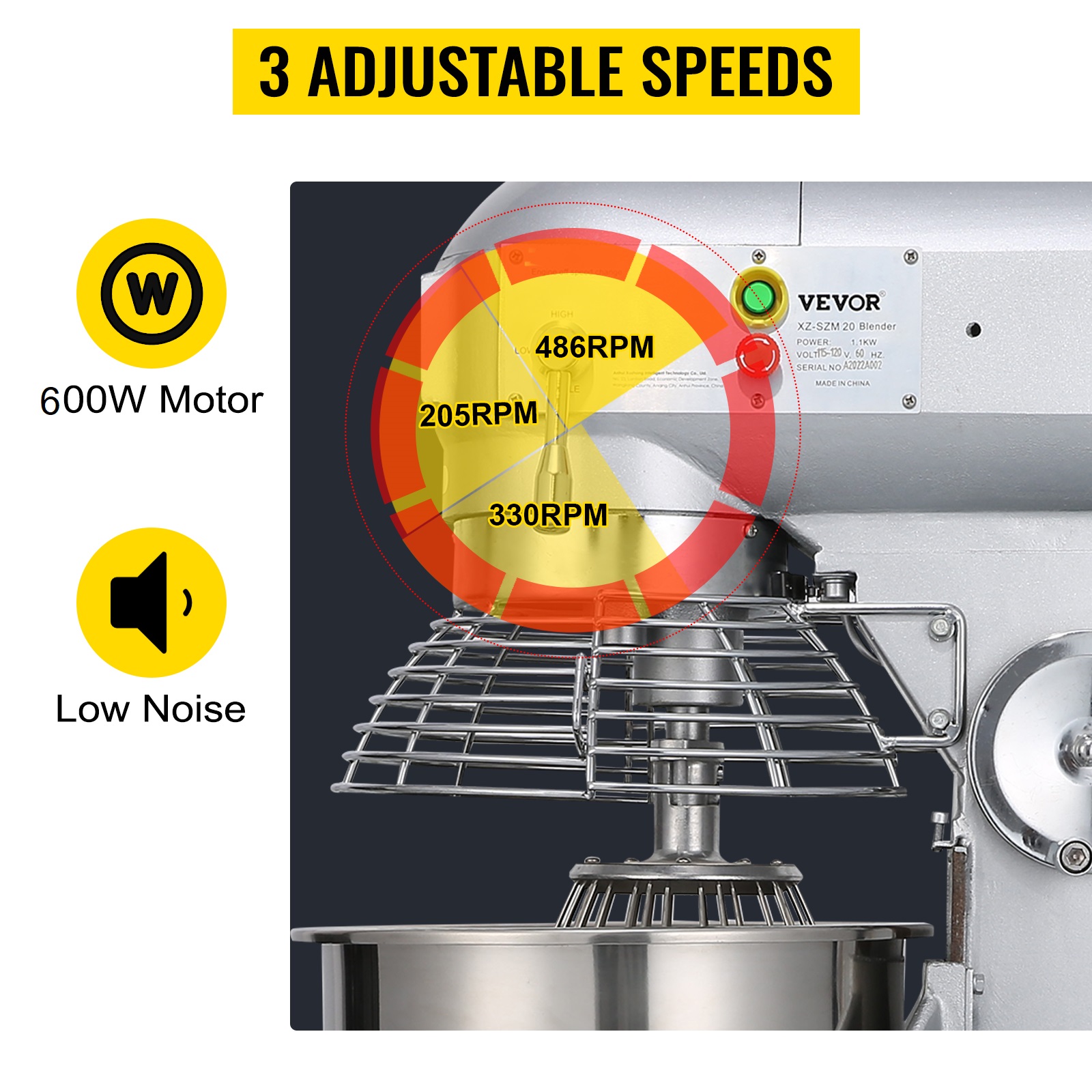 VEVOR Commercial Food Mixer 15Qt 600W 3 Speeds Adjustable 110/178