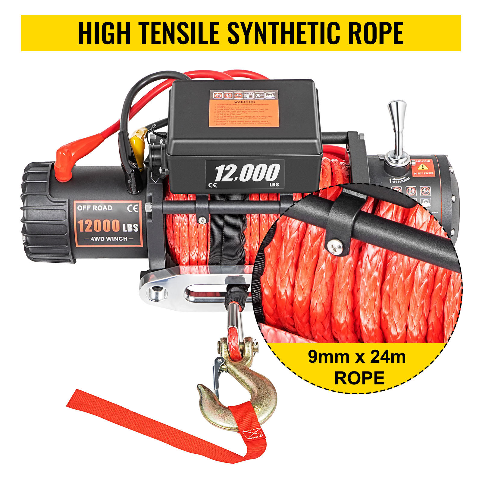 VEVOR VEVOR 12V Electric Winch 12000 LBS Synthetic Rope 9MM X 24M RED