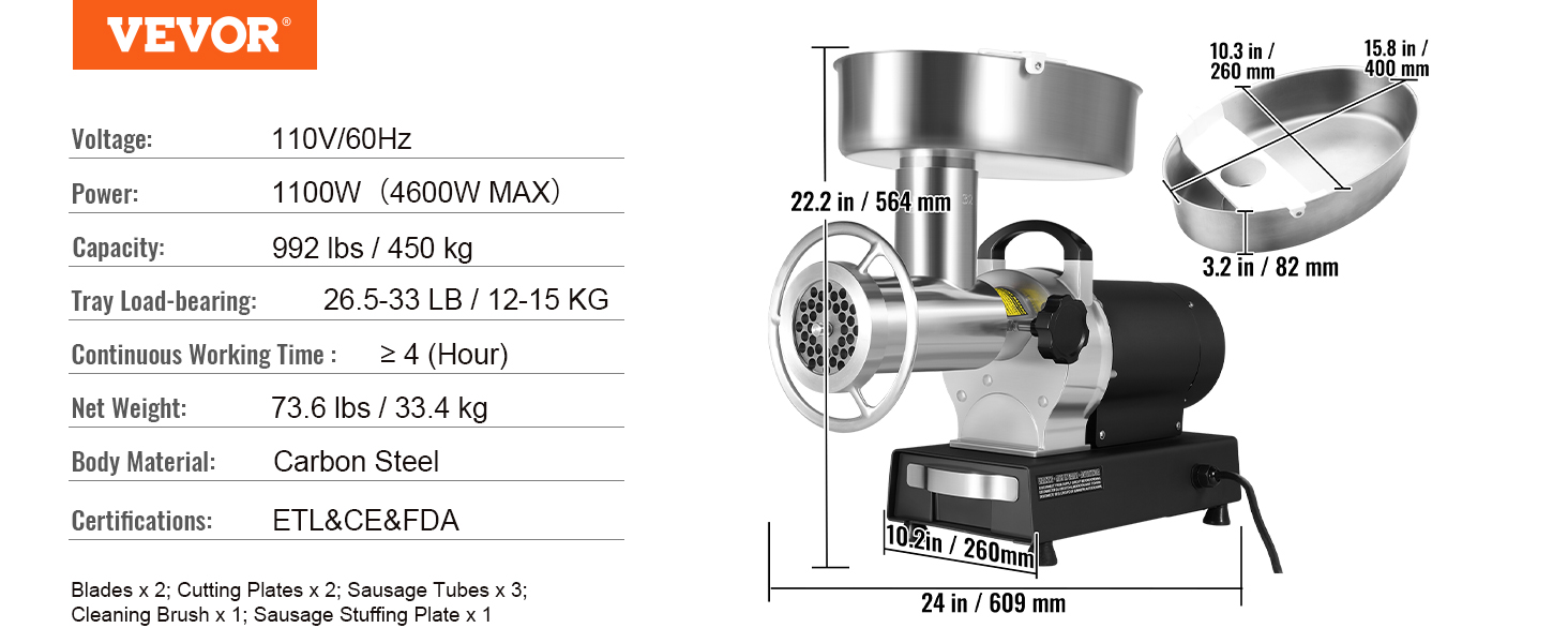 Elektrický mlýnek na maso VEVOR Heavy Duty 992 Lb/H Kapacita 1100 W a plnidlo na klobásy