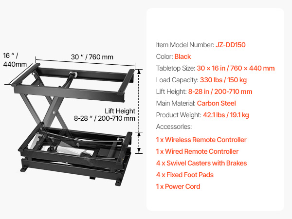 28" Electric Lift Table Single Scissor Electric Lifting Platform 330 lbs 4 Wheel
