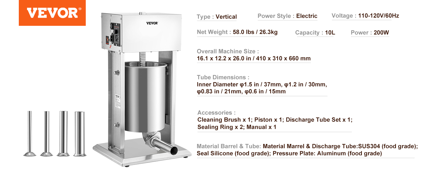 VEVOR electric sausage stuffer with stainless steel barrel, multiple tube sizes, and a 10l capacity.