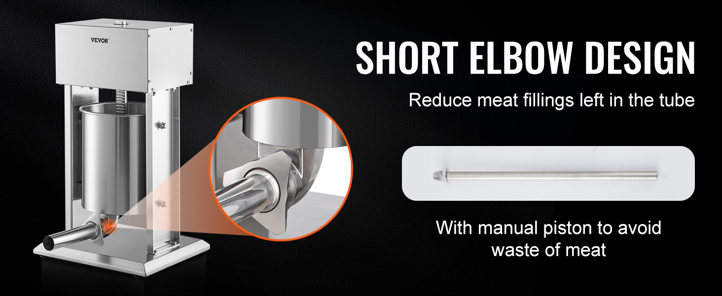 VEVOR electric sausage stuffer with short elbow design and manual piston to reduce meat waste.