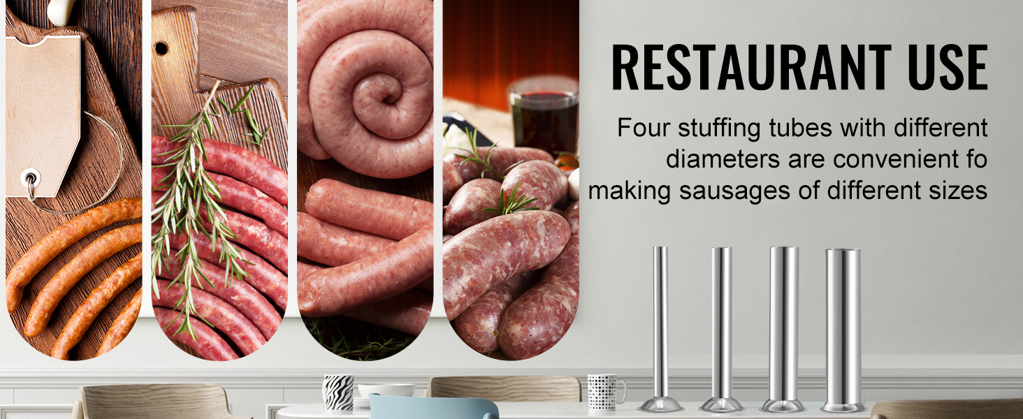 VEVOR electric sausage stuffer for restaurant use with four stuffing tubes for various sausage sizes.