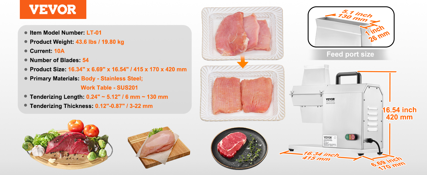 Oukaning 450W Commercial Electric Meat Tenderizer Steak Machine Stainless Steel 110V, Size: One size, Silver
