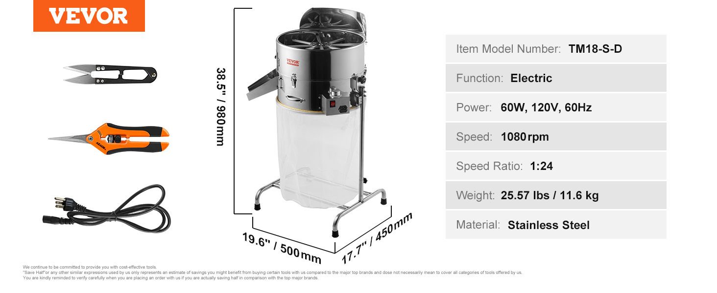 VEVOR Effeuilleuse Électrique 457 mm Coupe Herbe 60 W Coupe-feuilles  Vitesse Réglable Machine à Effeuiller Lames Acier inoxydable Sac en Filet  Élagueur à Main pour Feuilles Plantes Fleurs Bourgeons