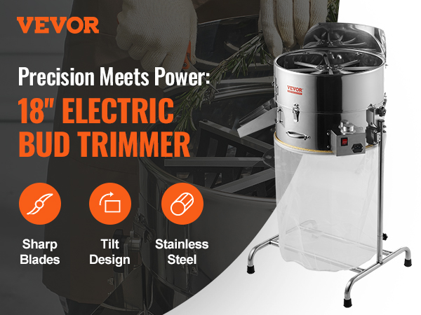 VEVOR Electric Bud Trimmer, 19'' Electric Leaf Trimmer Machine with 60W Adjustable Speed, Tillable Trimmer with Stainless-Steel Blades, Bud Leaf Trimmer Mesh Bag & Hand Pruner Included for Leaves, Bud