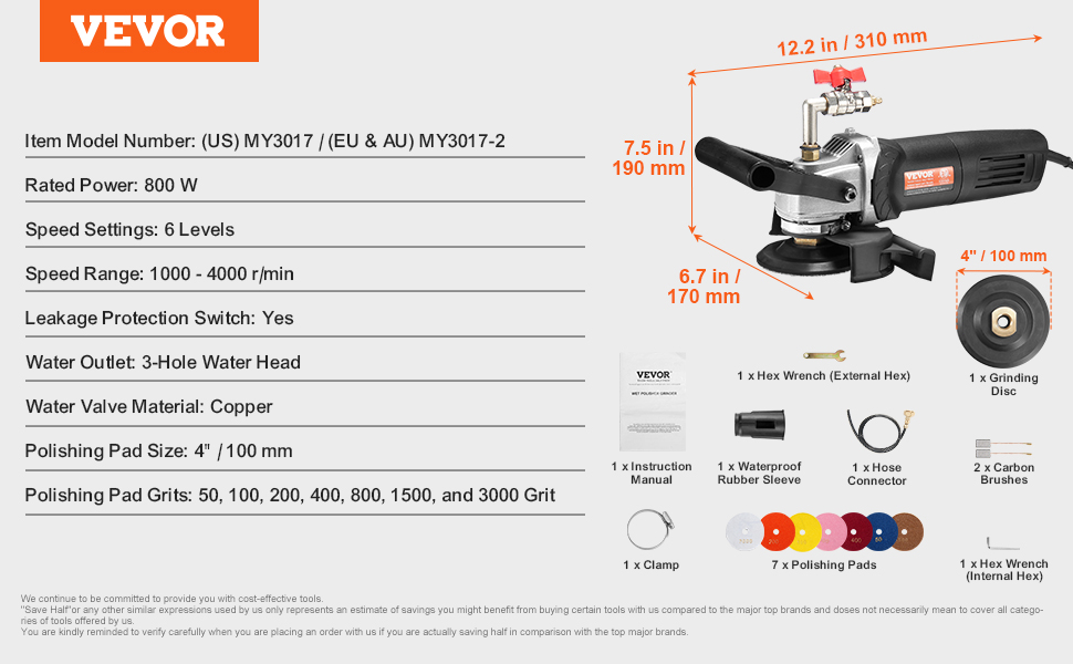 800W Wet Polisher Grinder - 6 Speed Variable Stone Polisher For Granite Marble Concrete