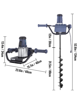 VEVOR Electric Post Hole Digger, 1200 W 1.6 HP Electric Auger Powerhead w/4" Bit, 39" Drilling Depth, Compatible with Earth Auger bit or Ice Bit, for Post Hole Digging, Drilling, Tree Planting