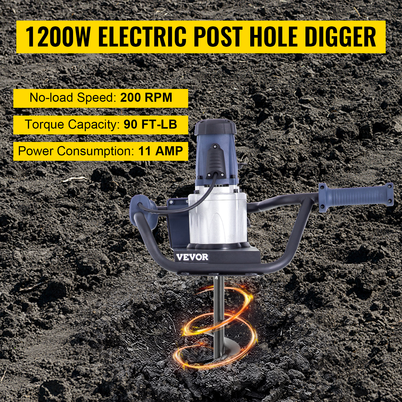 VEVOR Electric Post Hole Digger, 1200 W 1.6 HP Electric Auger Powerhead w/4" Bit, 39" Drilling Depth, Compatible with Earth Auger bit or Ice Bit, for Post Hole Digging, Drilling, Tree Planting