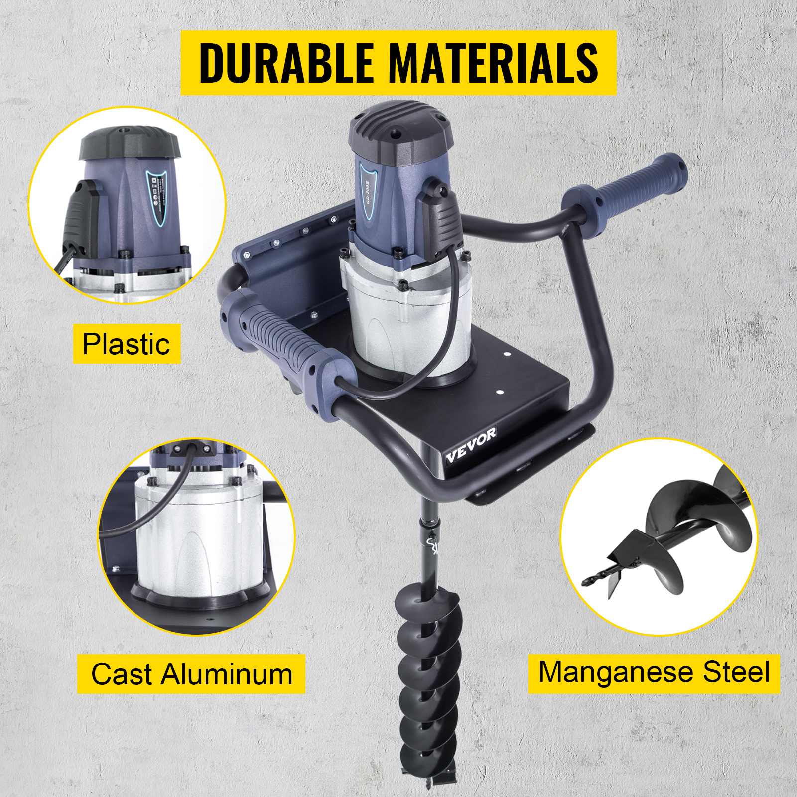 VEVOR Electric Post Hole Digger, 1200 W 1.6 HP Electric Auger Powerhead w/4" Bit, 39" Drilling Depth, Compatible with Earth Auger bit or Ice Bit, for Post Hole Digging, Drilling, Tree Planting