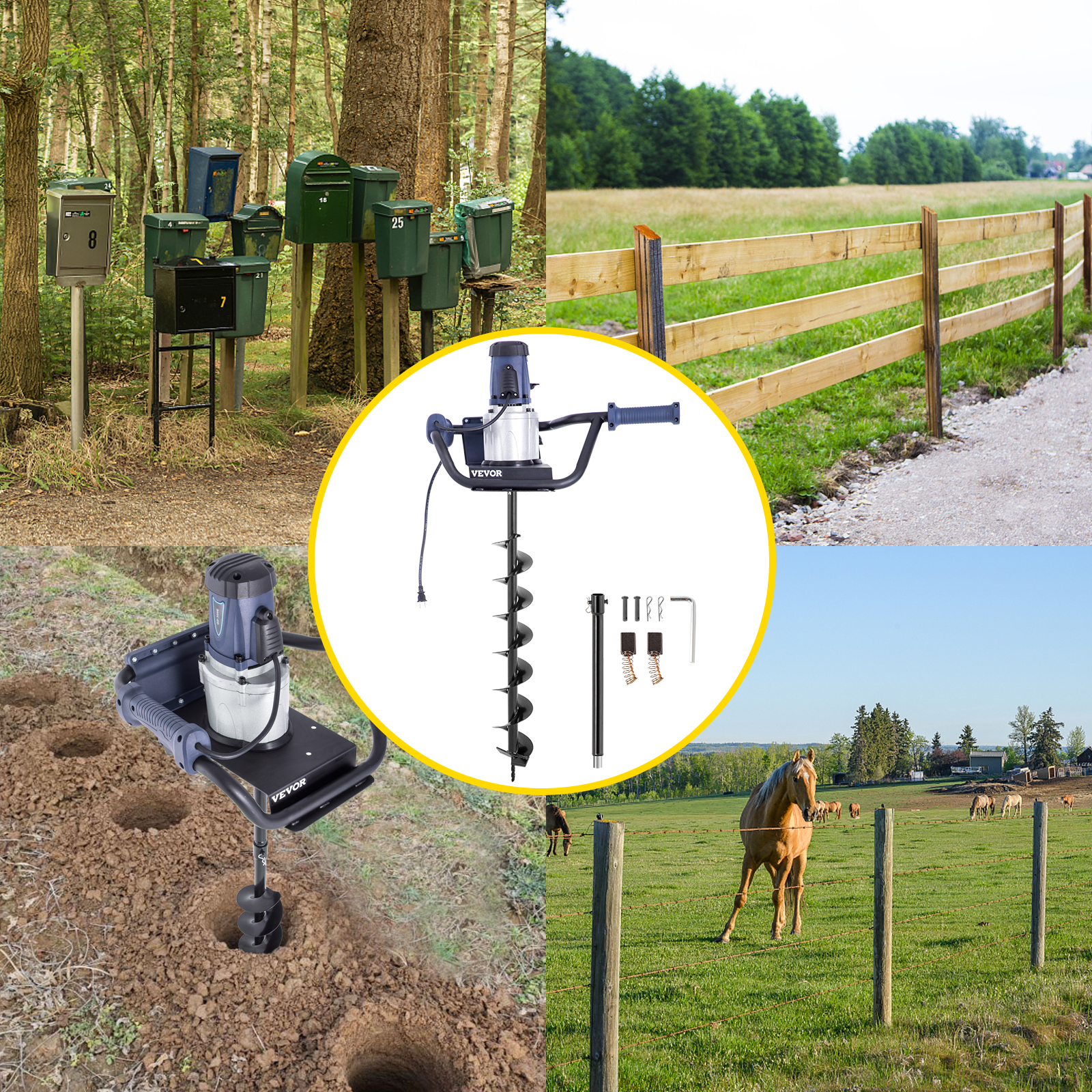 VEVOR Electric Post Hole Digger, 1200 W 1.6 HP Electric Auger Powerhead w/4" Bit, 39" Drilling Depth, Compatible with Earth Auger bit or Ice Bit, for Post Hole Digging, Drilling, Tree Planting