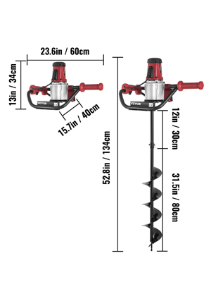 VEVOR Electric Post Hole Digger, 1500 W 1.6 HP Electric Auger Powerhead w/6" Bit, 39" Drilling Depth, Compatible with Earth Auger bit or Ice Bit, for Post Hole Digging, Drilling, Tree Planting