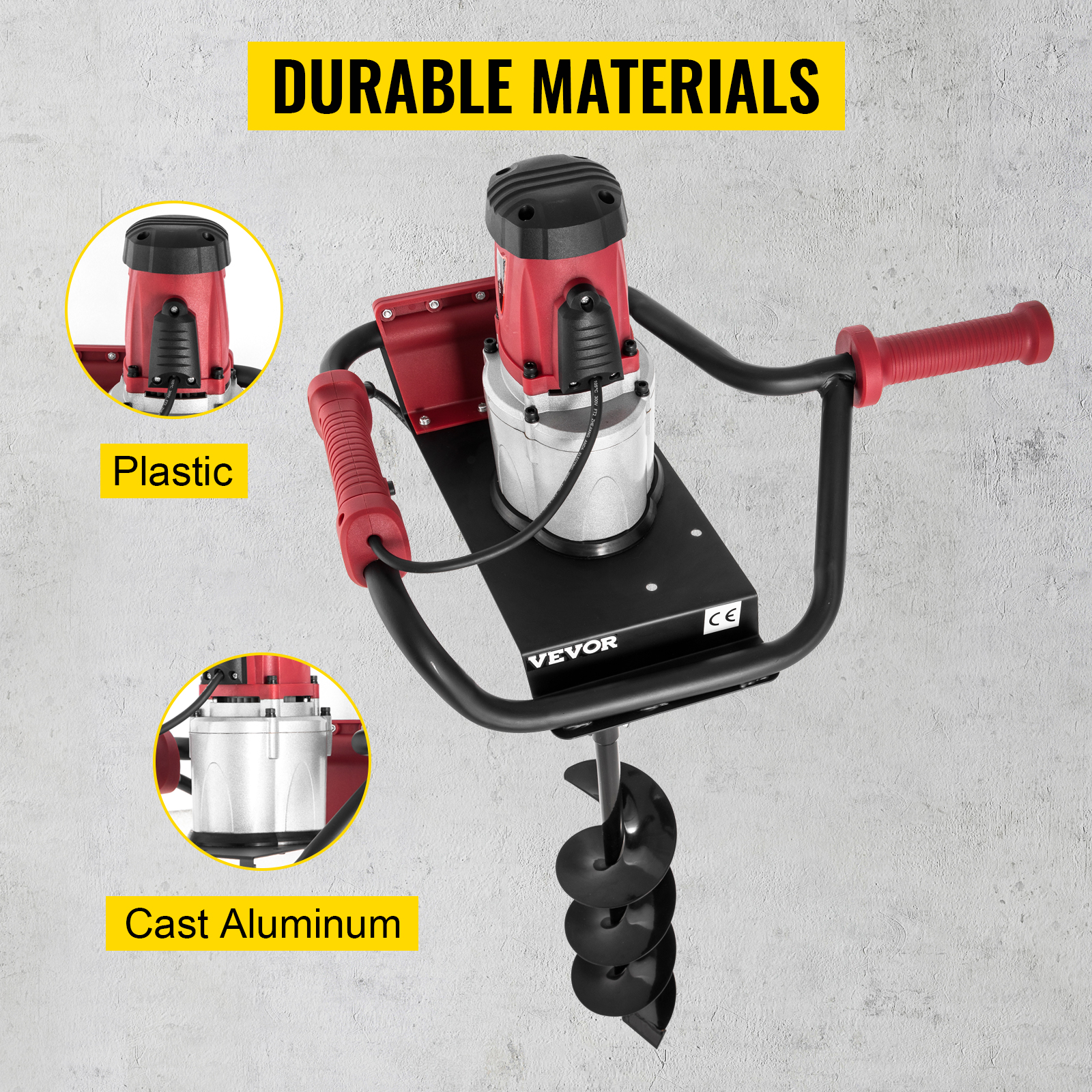 VEVOR Electric Post Hole Digger, 1500 W 1.6 HP Electric Auger Powerhead w/6" Bit, 39" Drilling Depth, Compatible with Earth Auger bit or Ice Bit, for Post Hole Digging, Drilling, Tree Planting