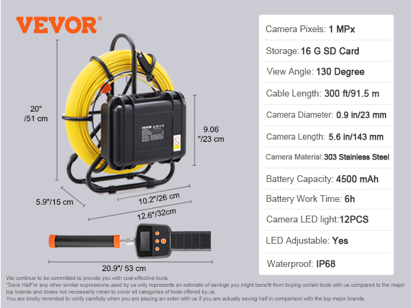 VEVOR Sewer Camera Pipe Inspection Camera w/ 512hz Sonde 9in 720p Screen  300 ft