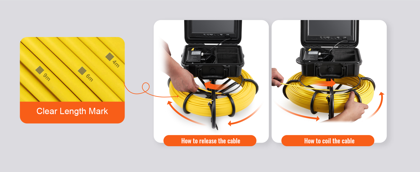 VEVOR sewer camera showing length marks, coiling and releasing yellow cable with integrated monitor.