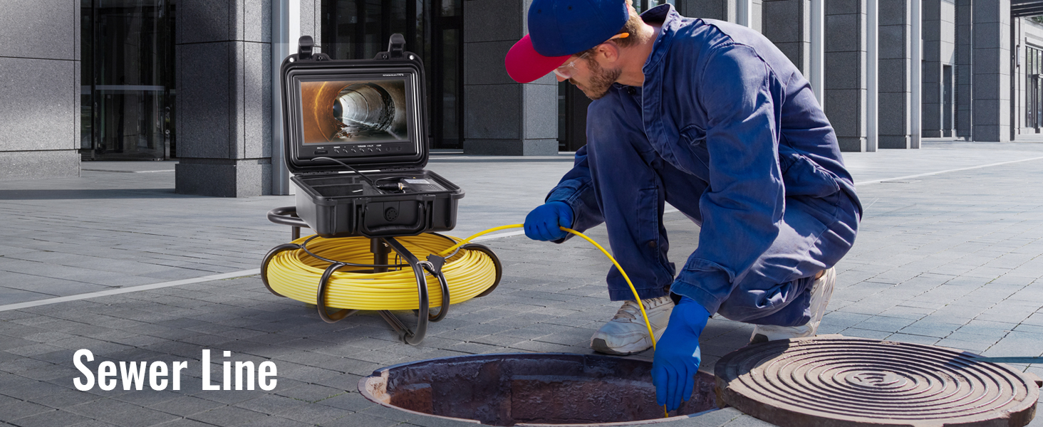 worker using VEVOR sewer camera to inspect sewer line, with monitor displaying inside of pipe.