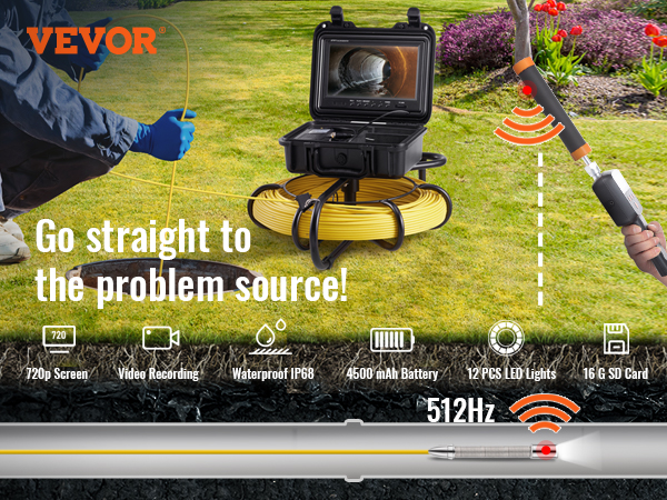 VEVOR Sewer Camera Pipe Inspection Camera w/ 512hz Sonde 9in 720p Screen  300 ft