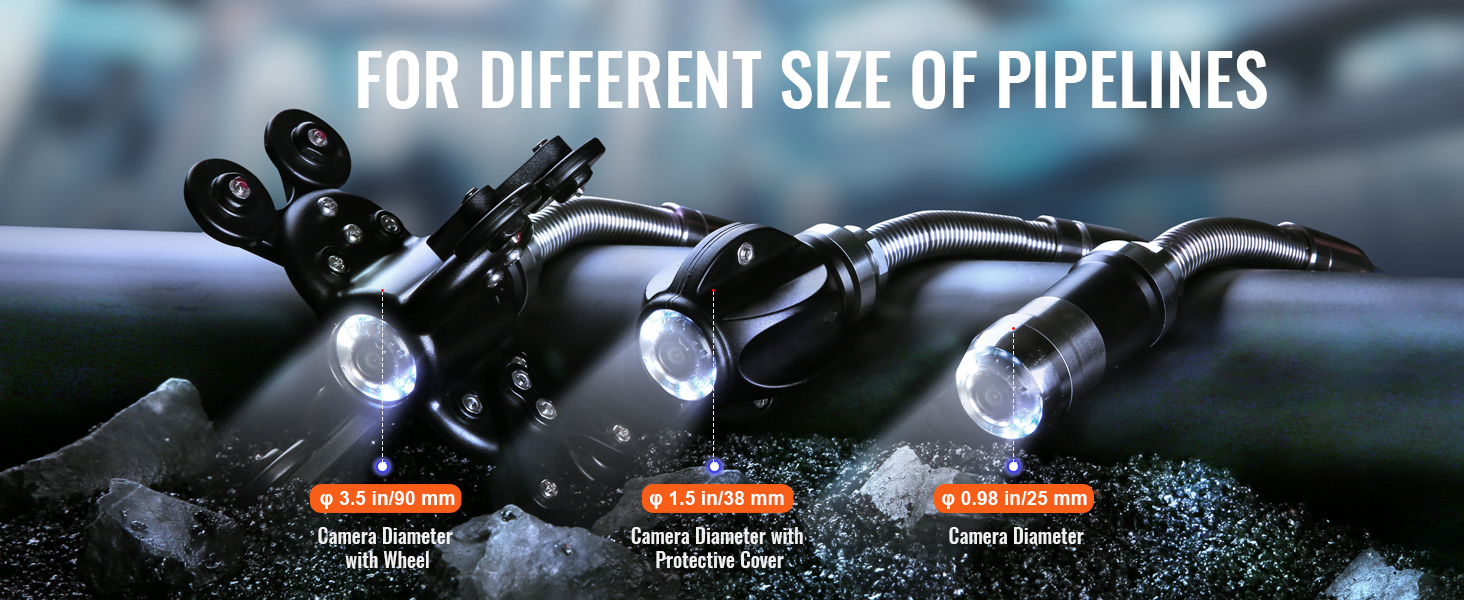 VEVOR sewer camera for different pipeline sizes, featuring diameters of 90mm, 38mm, and 25mm.