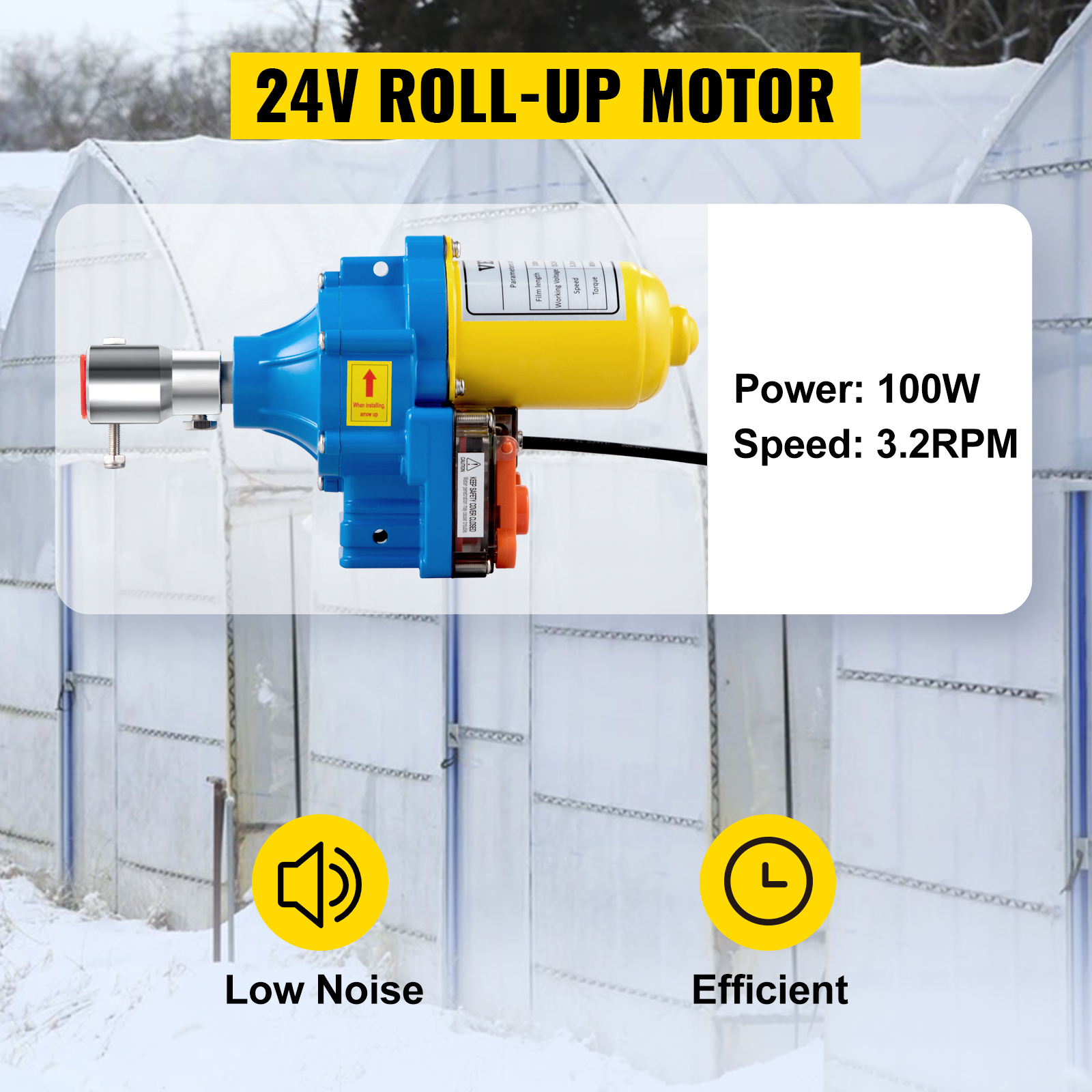 VEVOR Greenhouse Roll Up Motor, 100W DC 24V 3.2 RPM, Waterproof Aluminum Alloy Electric Greenhouse Frame Shed Roll-up Motor with Accurate Limit Switch, for Greenhouse Ventilation, Automatic Venting