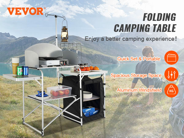 vbenlem VEVOR Camping Kitchen Table, Aluminum Portable Folding Camp Cook  Station with Windscreen, Cupboard, Storage Organizer, Carrying