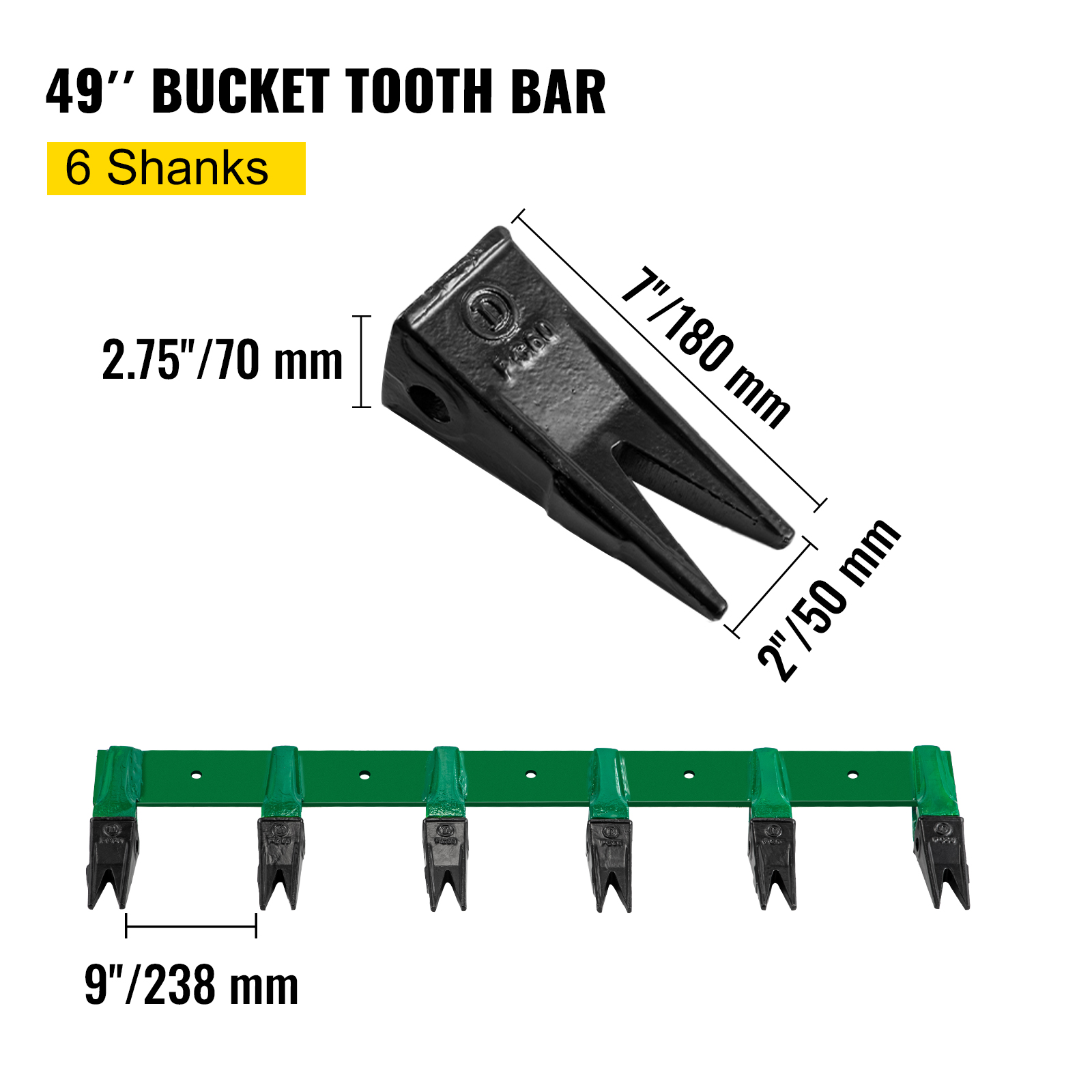 VEVOR Bucket Tooth Bar, 49'' Bolt on Tooth Bar, with 6 Weldon Shanks