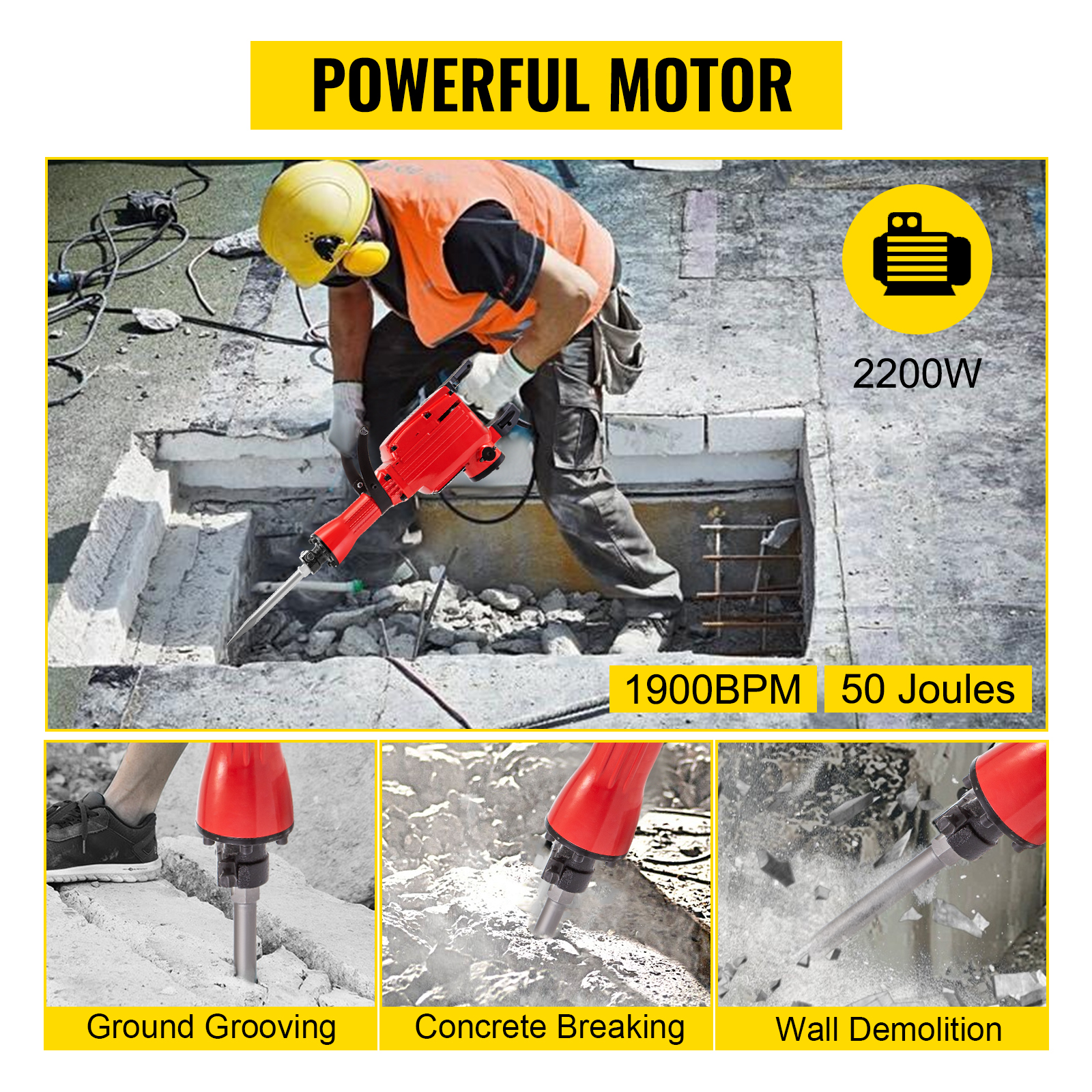 VEVOR Demolition Jack Hammer Jack Hammer Concrete Breaker 1200 Bpm Heavy Duty Electric Jack Hammer 3 Chisel Bit W/Gloves & 360° Swiveling Front