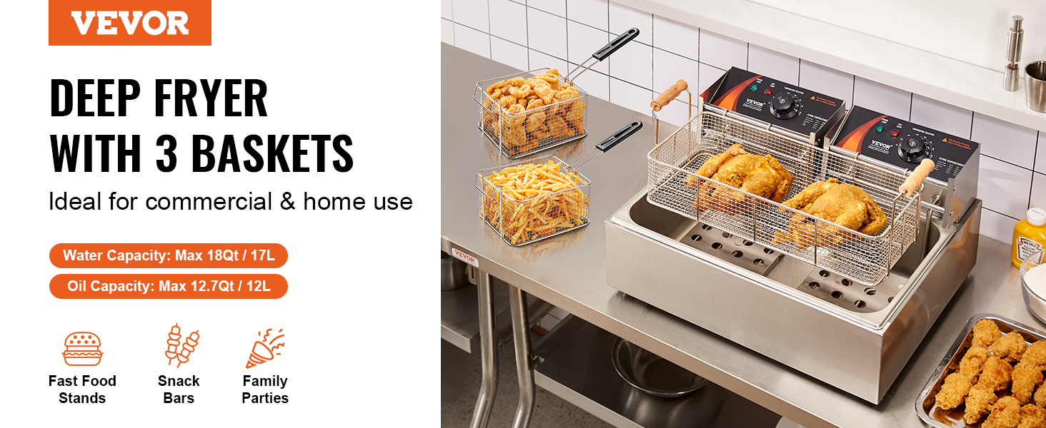 Description Picture 3 of itemVEVOR Commercial Deep Fryer 3000W Electric Turkey Fryer Large Capacity 18Qt / 17L Stainless Steel Countertop Single Oil Fryer
