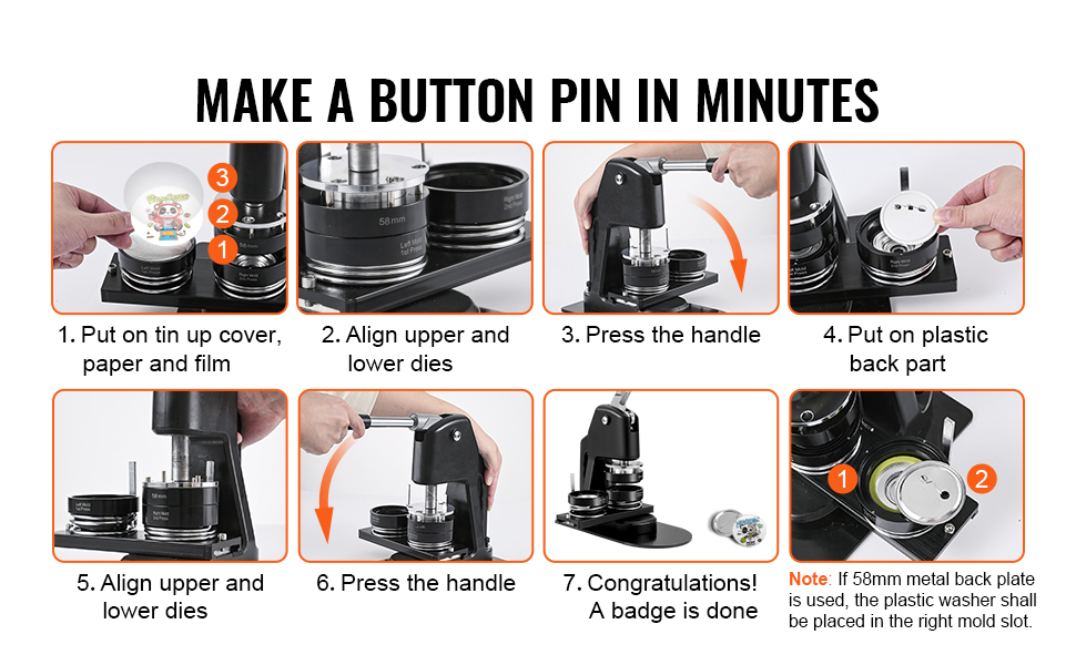 VEVOR Button Maker Machine, 2.28 inch/58mm Pin Maker with 100pcs Button Parts, Button Maker with Panda Magic Book, Ergonomic Arc Handle Punch Press