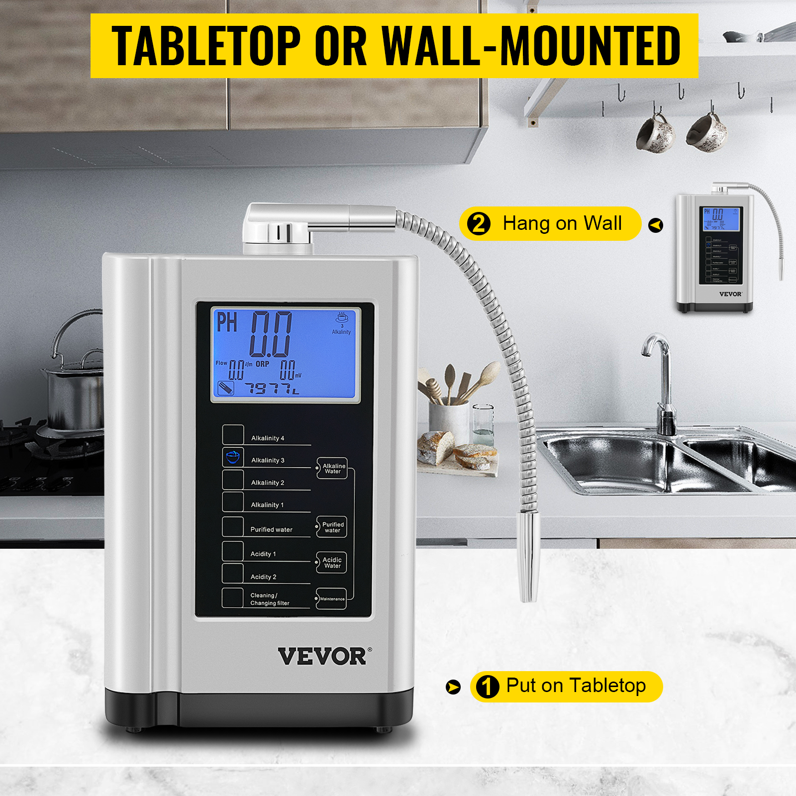 VEVOR VEVOR Dispositivo Ionizzatore Alcalino Acqua Schermo di Controllo LCD  PH3,5-10,5, Macchina Ionizzatore Alcalino per Acqua Uso Domestico da  Cucina, Set Ionizzatore Acqua per Uso Quotidiano Caffè e Tè