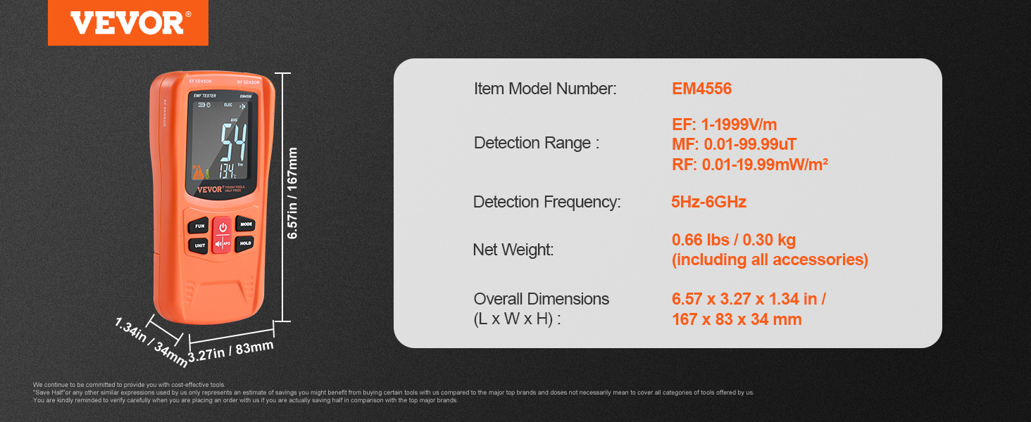 VEVOR Digitálny LCD 3-v-1 EMF Detektor elektromagnetického žiarenia RF 5G