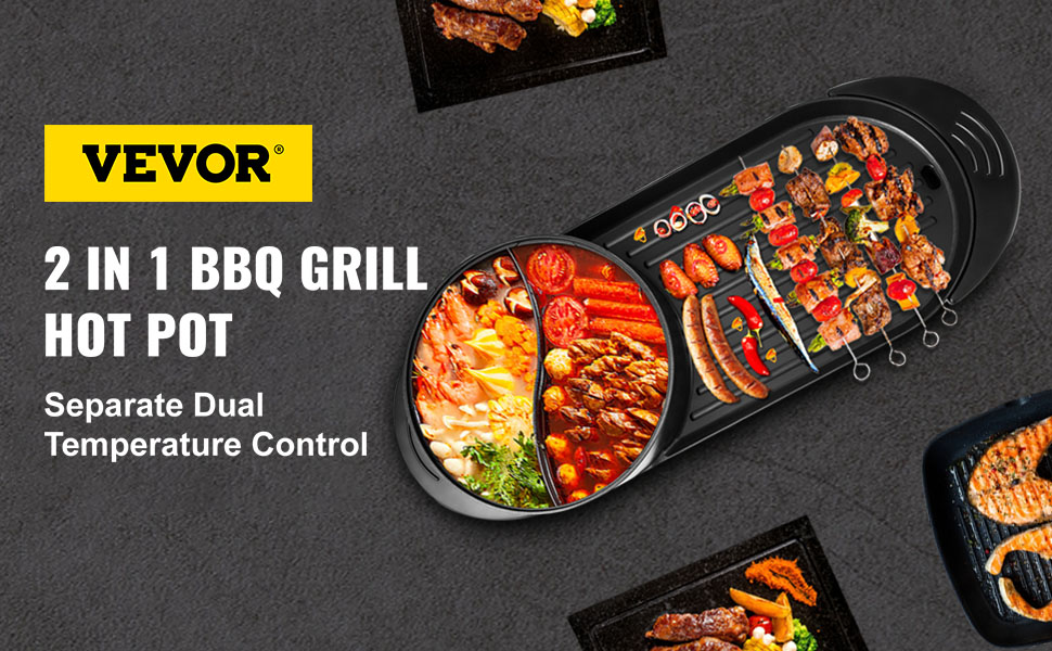 2 in 1 BBQ Grill and Hot Pot with Divider, Aluminum Alloy Electric
